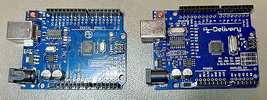 LGT8F328P links, Arduino Uno Atmel rechts - wer findet die 2 zusätzlichen ADC-Ports?